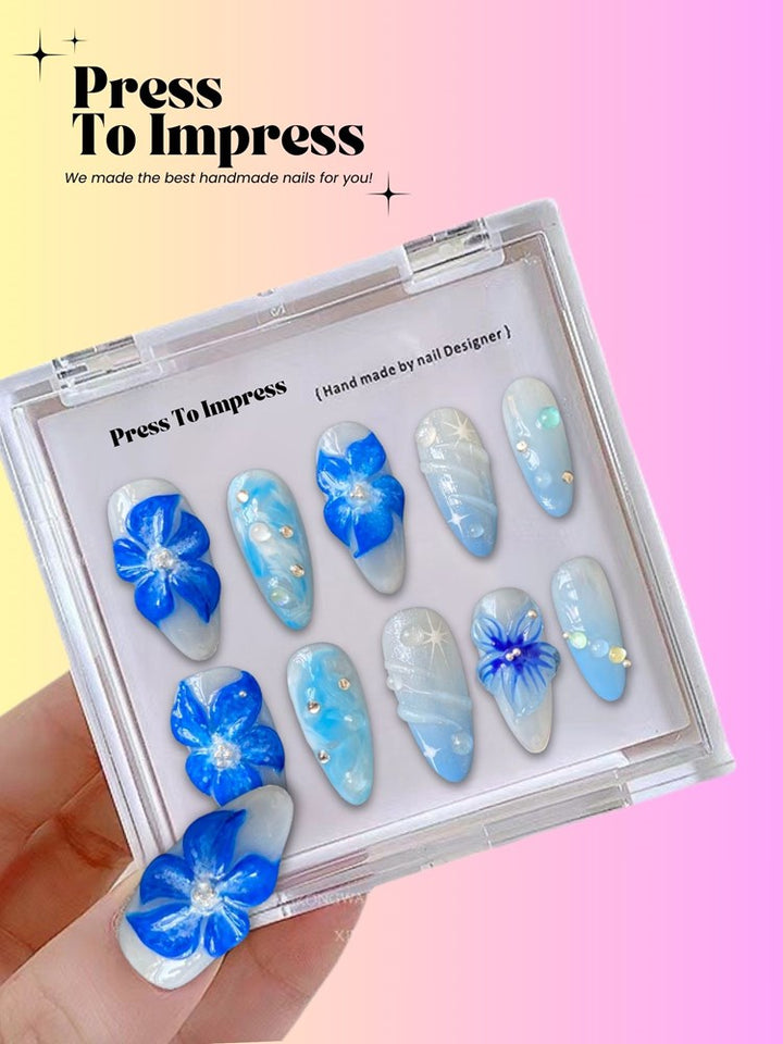 Azure Blossom Almond  Handmade Press-On Nails