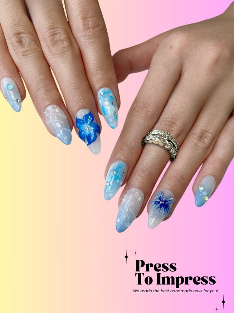 Azure Blossom Almond  Handmade Press-On Nails