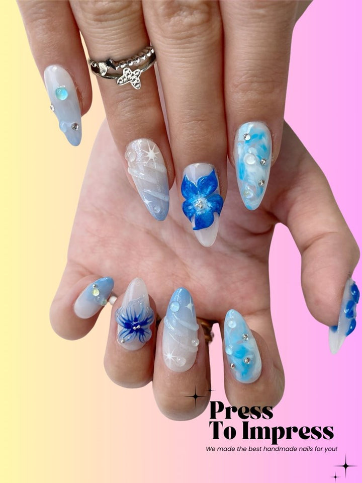 Azure Blossom Almond  Handmade Press-On Nails