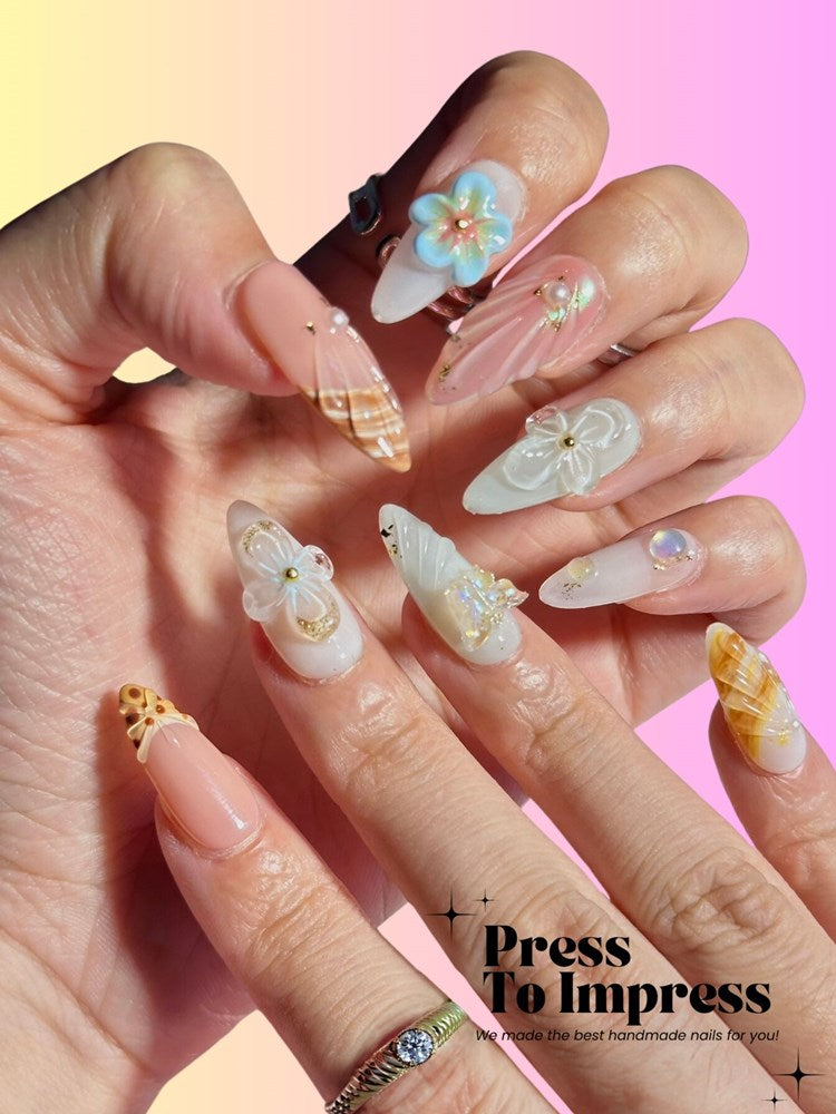 Seafoam Shell 3D Handmade Almond Press-on Nails