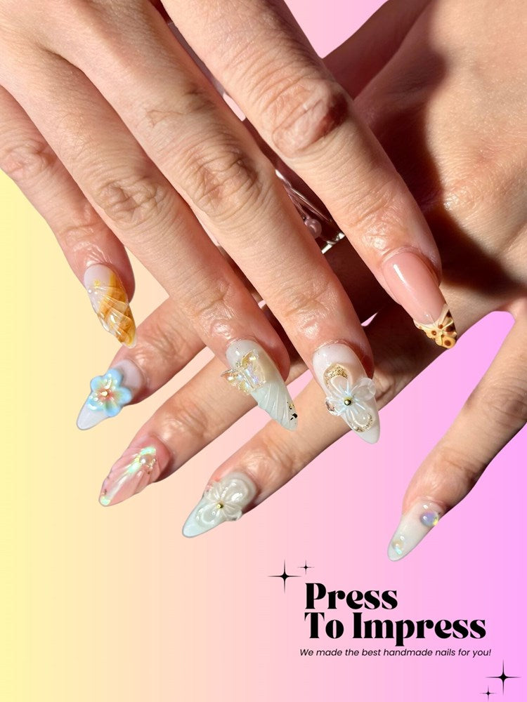 Seafoam Shell 3D Handmade Almond Press-on Nails