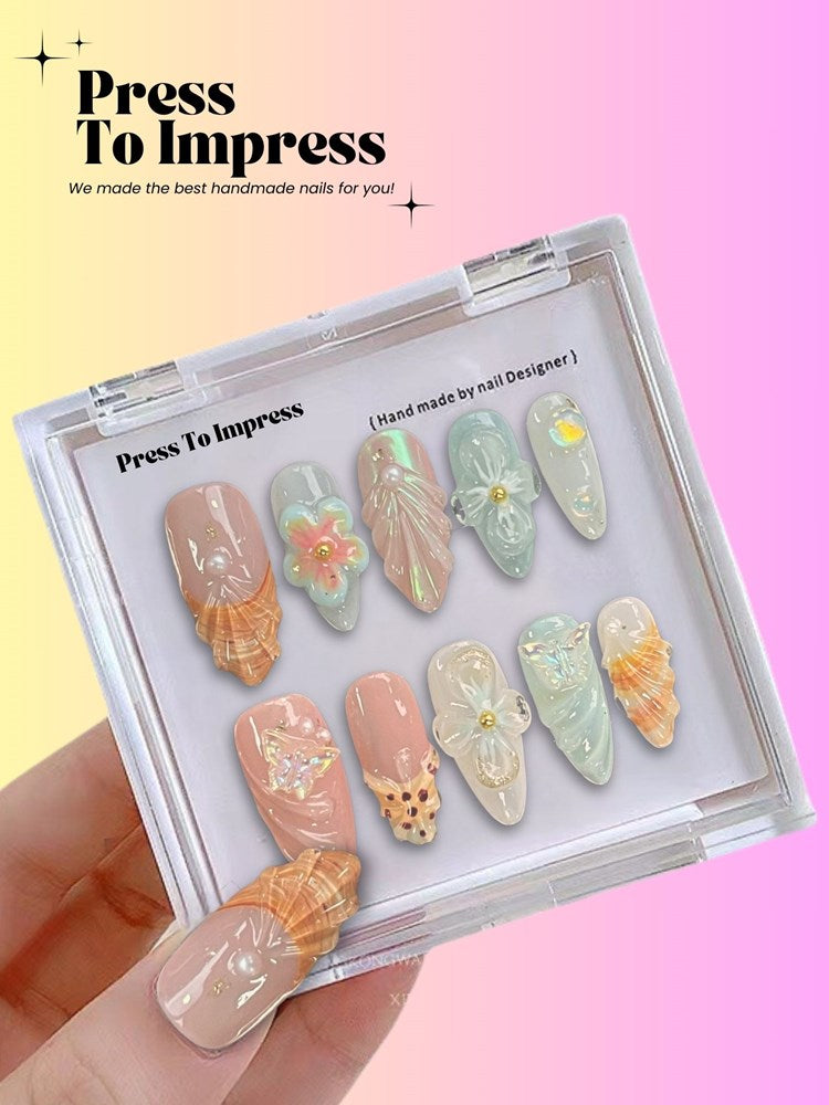 Seafoam Shell 3D Handmade Almond Press-on Nails