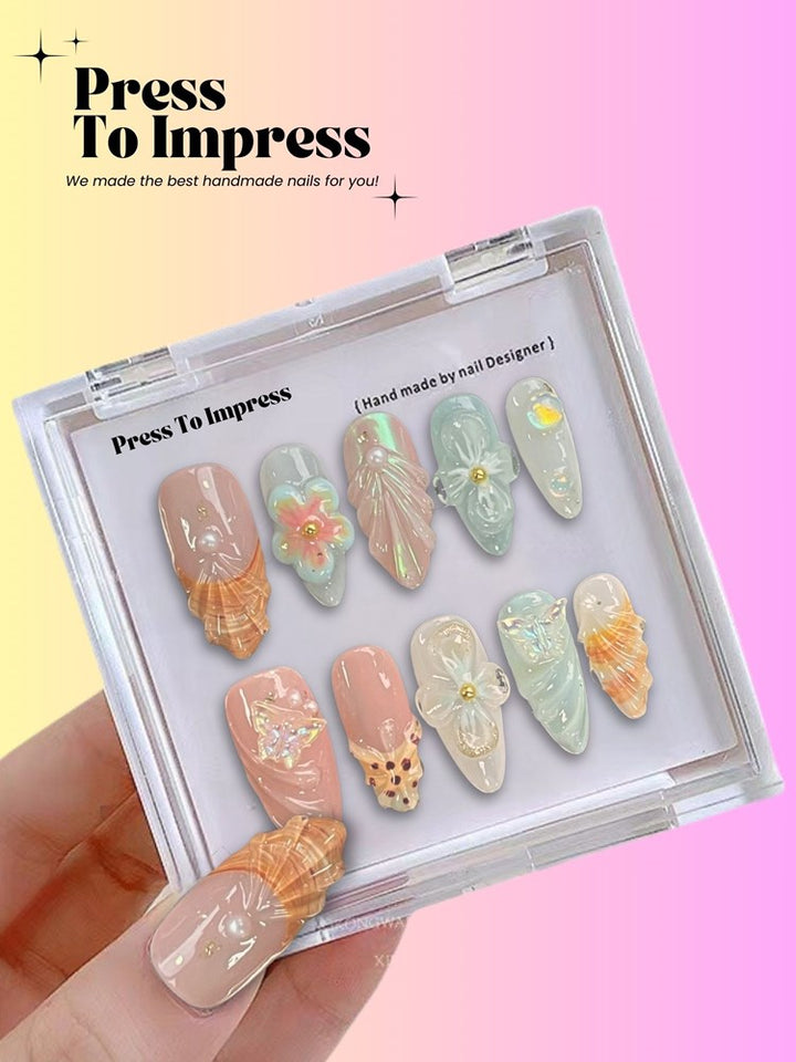 Seafoam Shell 3D Handmade Almond Press-on Nails