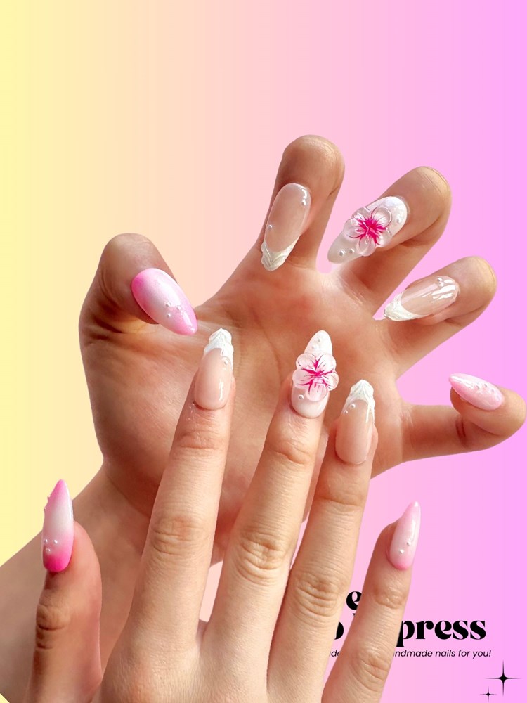 Pink & White Floral French 3D Almond Press-On Nails