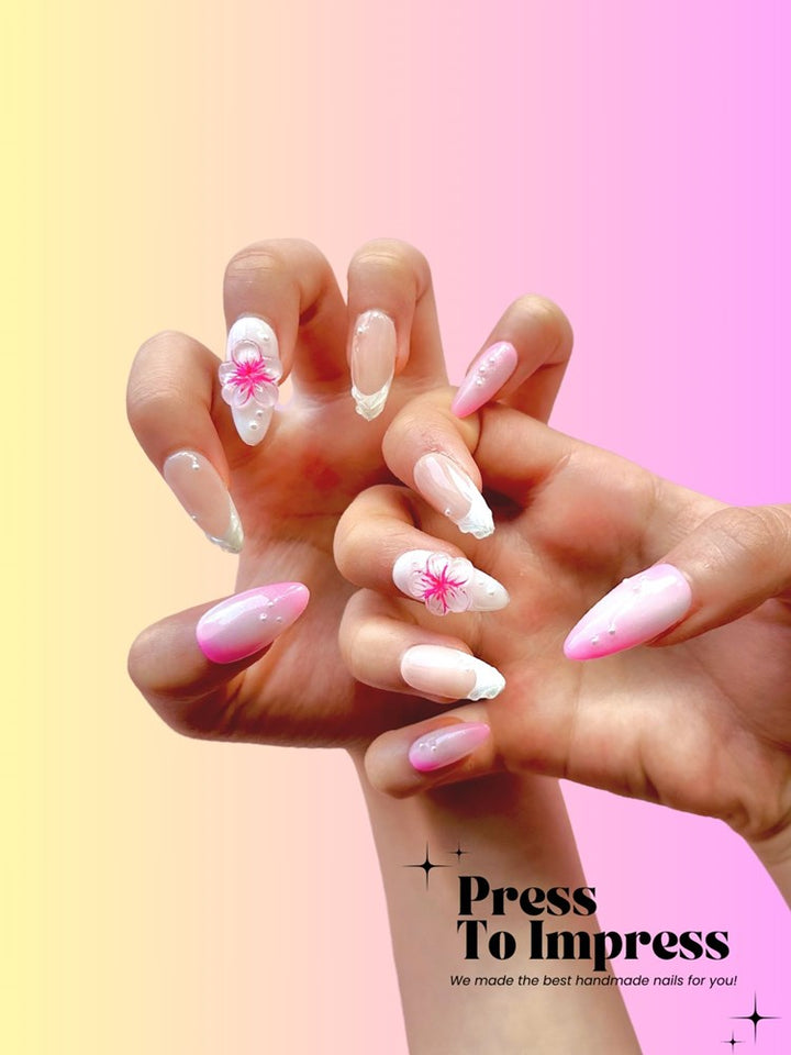 Pink & White Floral French 3D Almond Press-On Nails