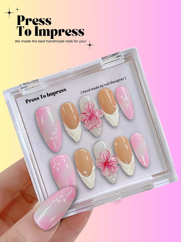 Pink & White Floral French 3D Almond Press-On Nails