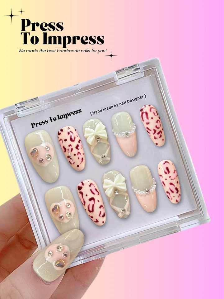 Pink Leopard Print 3D Almond Handmade Press on Nails