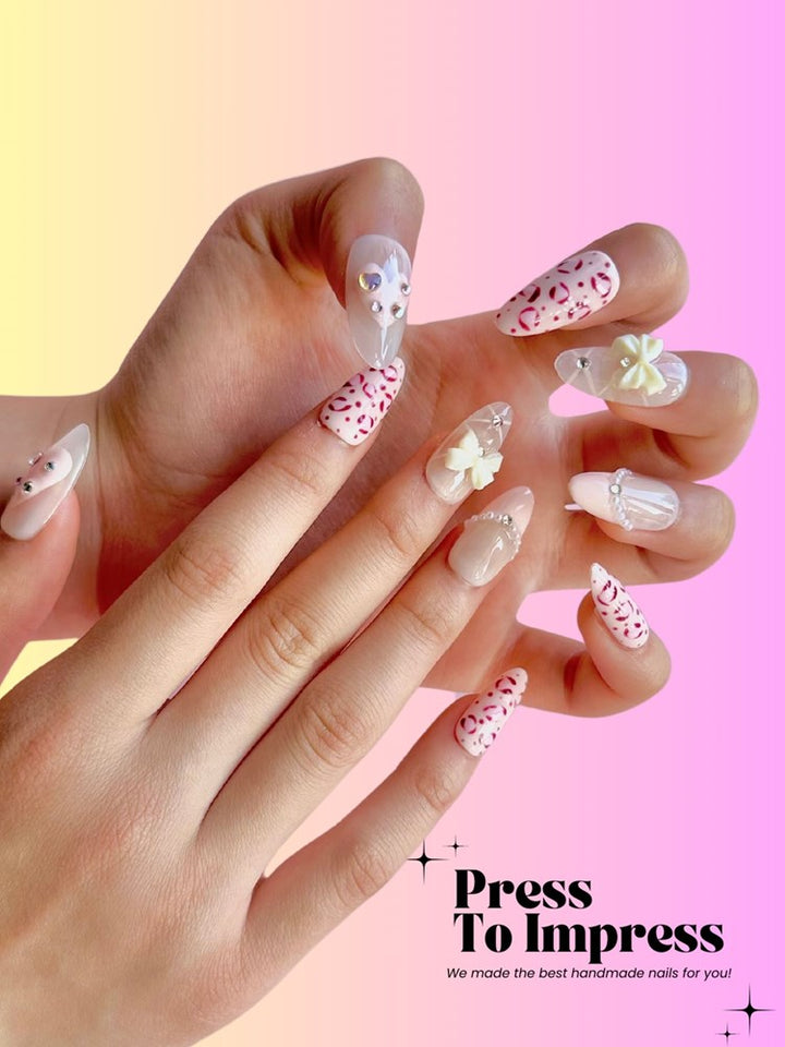 Pink Leopard Print 3D Almond Handmade Press on Nails