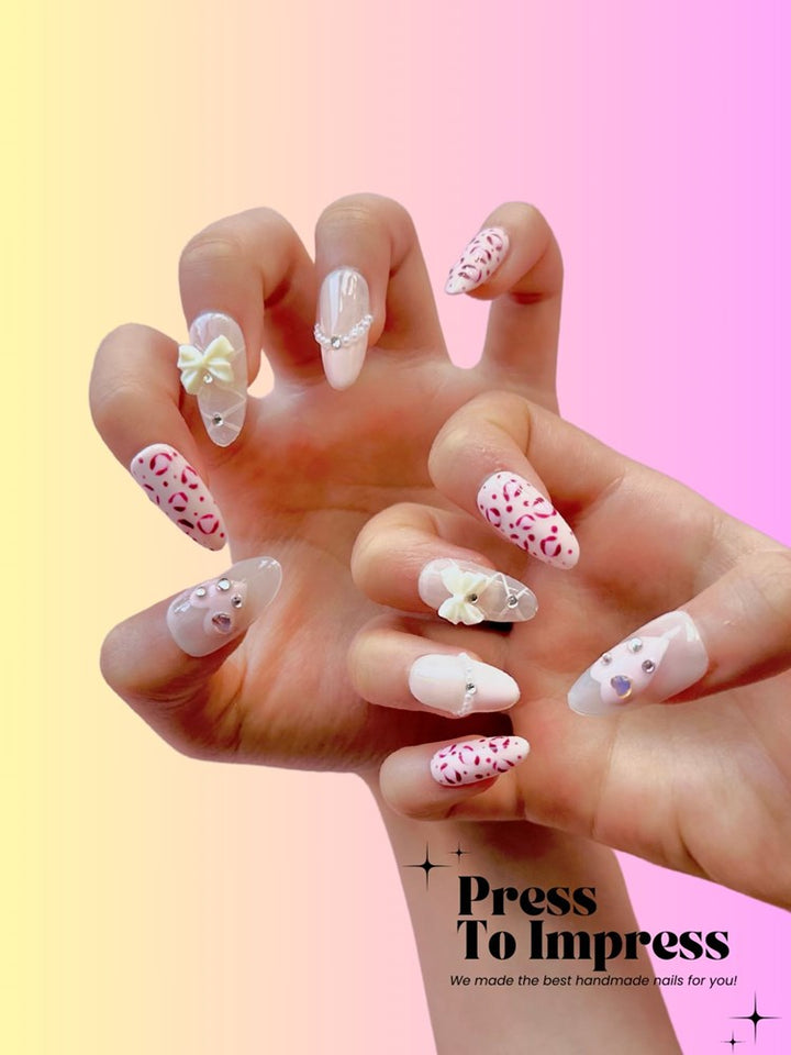 Pink Leopard Print 3D Almond Handmade Press on Nails