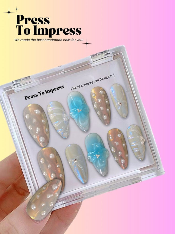 Pearl Tide 3D Handmade Almond  Press-On Nails