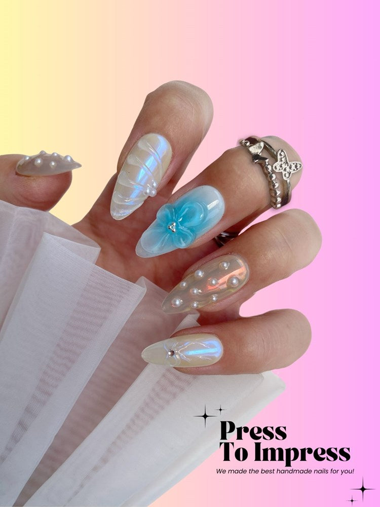 Pearl Tide 3D Handmade Almond  Press-On Nails