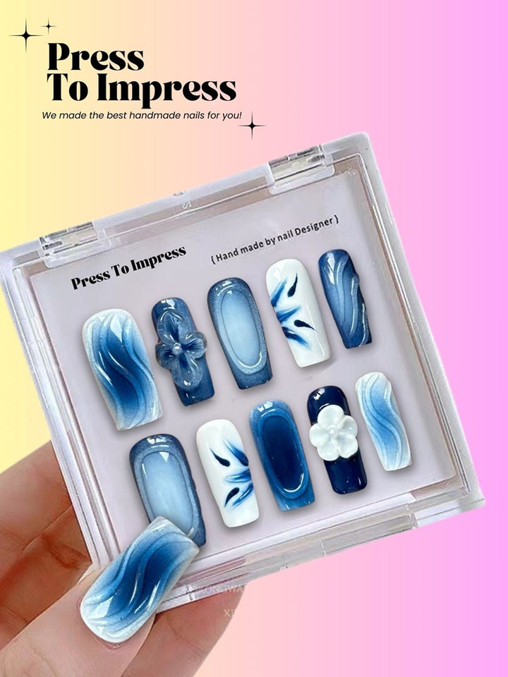 Sapphire Tide Long Square Handmade  Press-On Nails