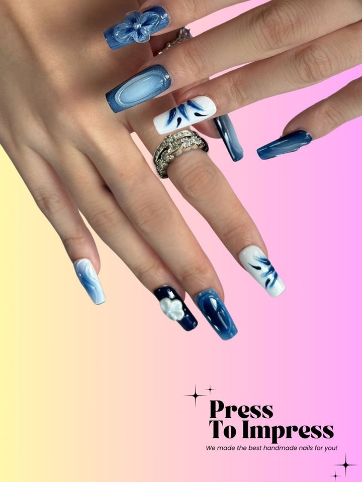 Sapphire Tide Long Square Handmade  Press-On Nails