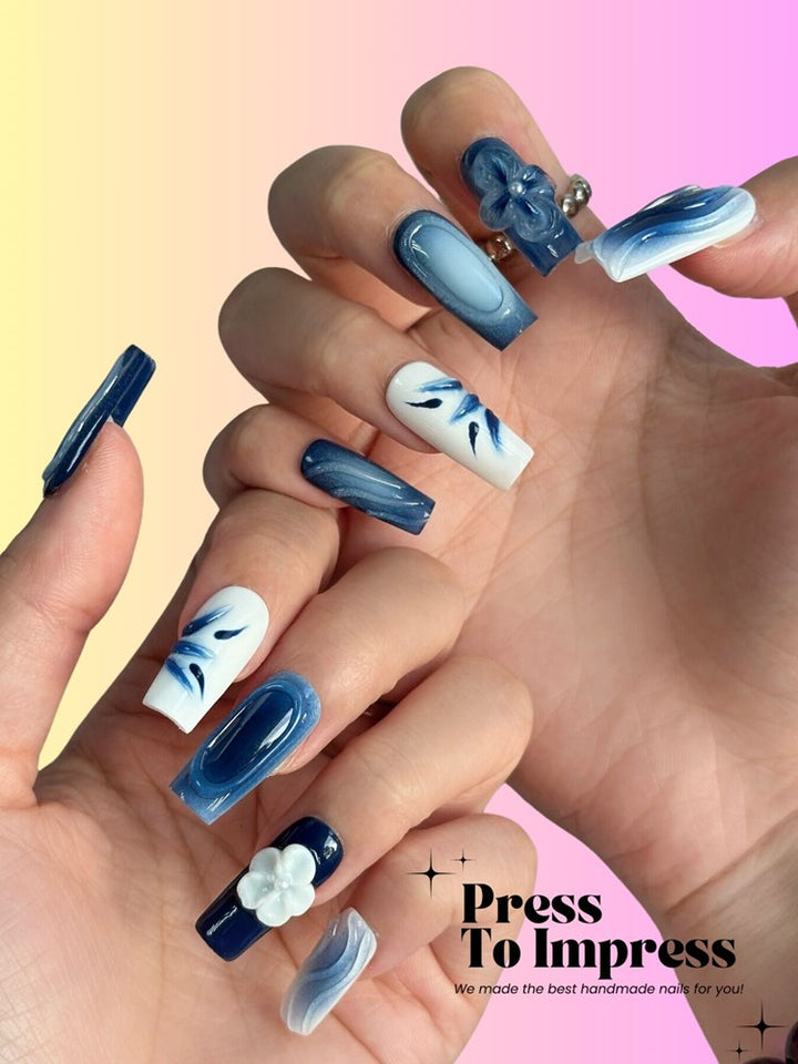 Sapphire Tide Long Square Handmade  Press-On Nails