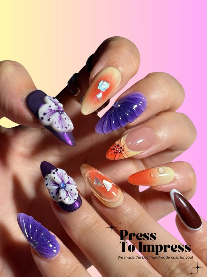 Violet Sunset 3D Almond Handmade Press On Nails