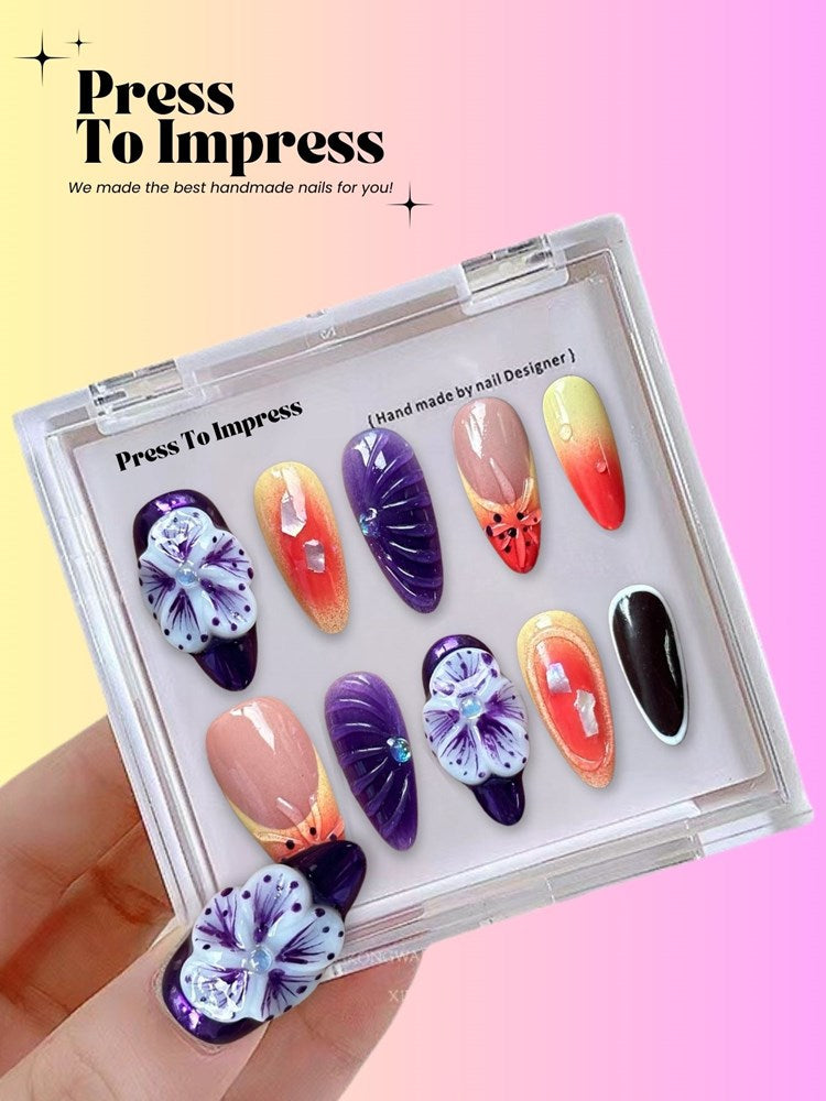 Violet Sunset 3D Almond Handmade Press On Nails