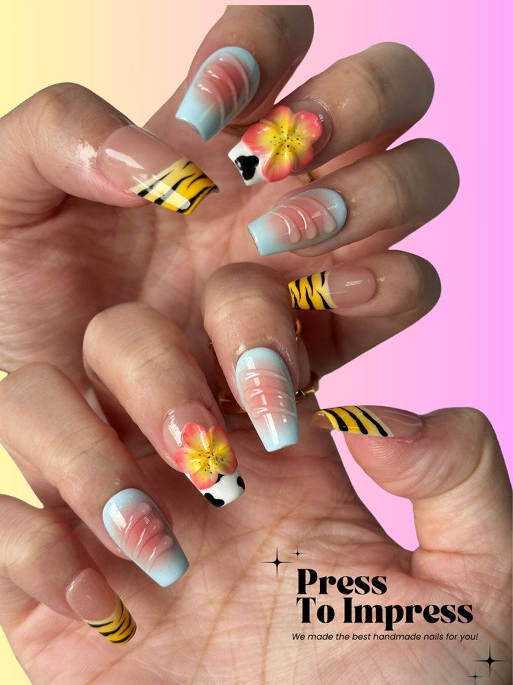 Floral & Tiger Print 3D Handmade Square  Press-On Nails