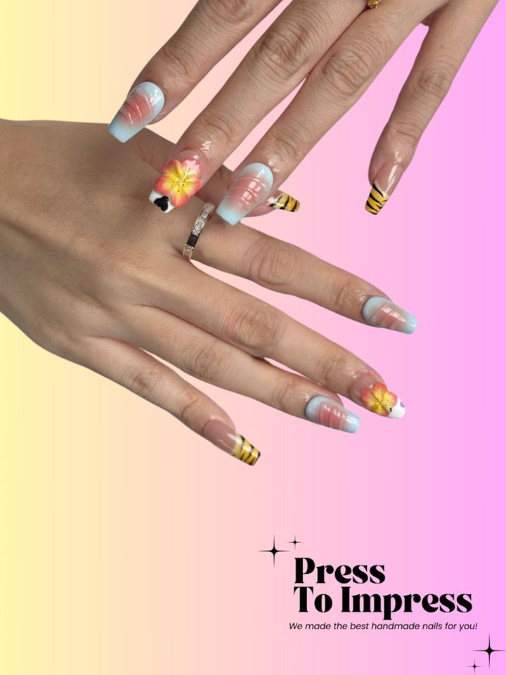 Floral & Tiger Print 3D Handmade Square  Press-On Nails