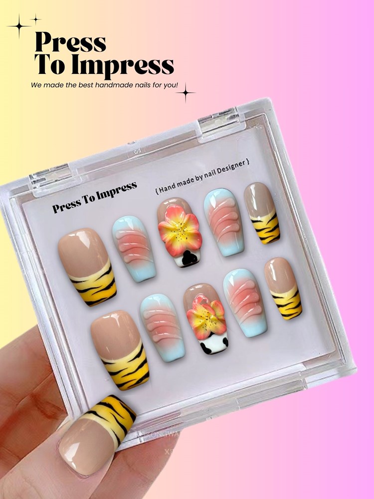 Floral & Tiger Print 3D Handmade Square  Press-On Nails