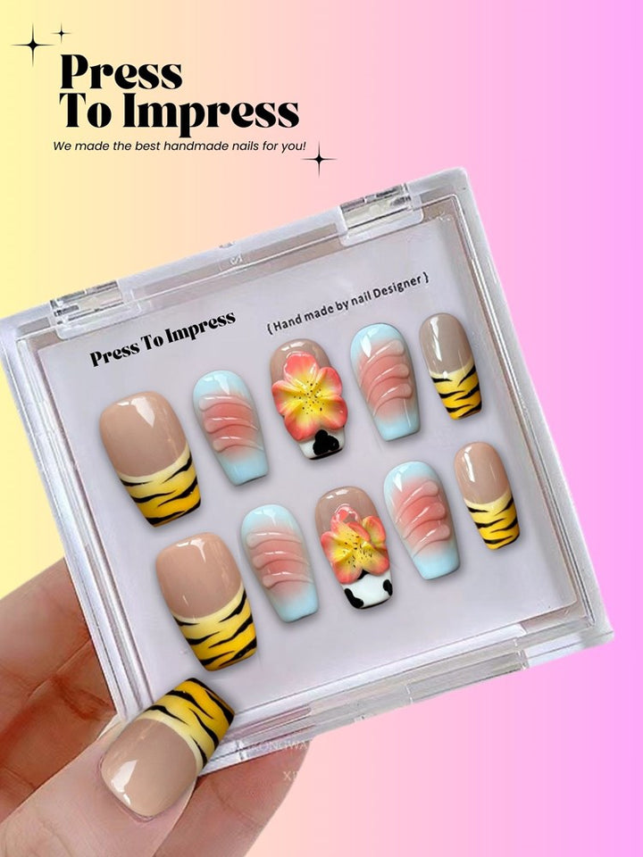 Floral & Tiger Print 3D Handmade Square  Press-On Nails