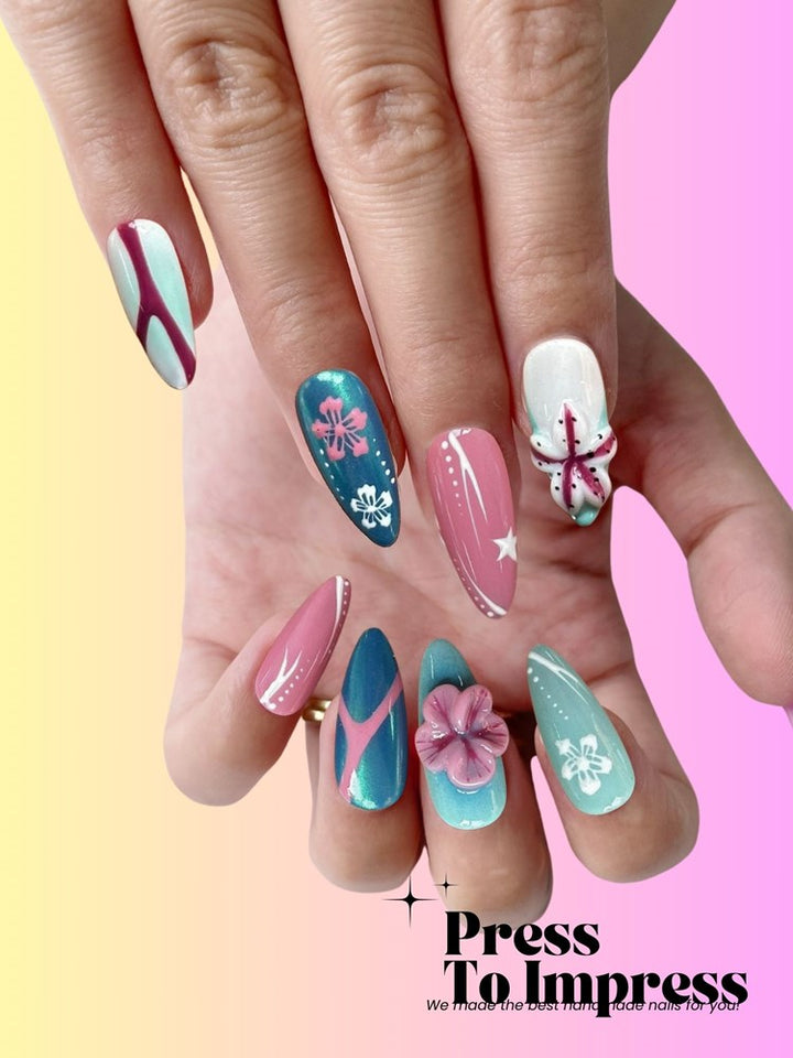 Blue & Pink Ocean 3D Almond Handmade  Press-On Nails