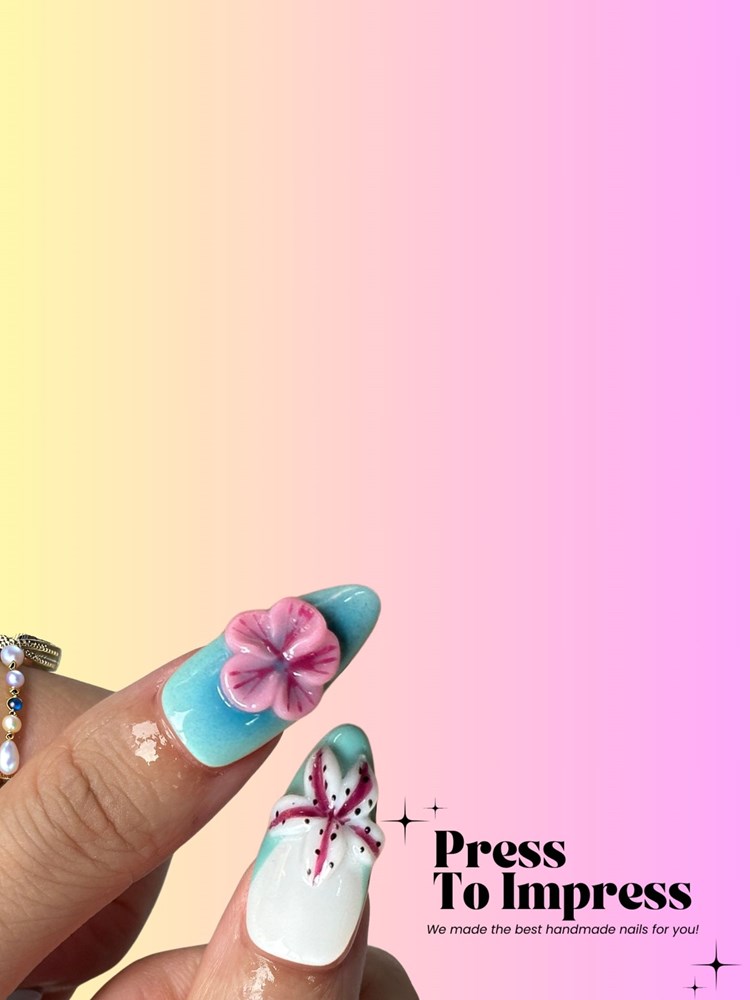 Blue & Pink Ocean 3D Almond Handmade  Press-On Nails