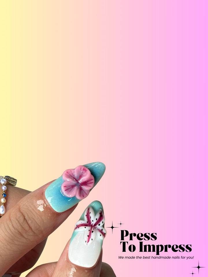 Blue & Pink Ocean 3D Almond Handmade  Press-On Nails