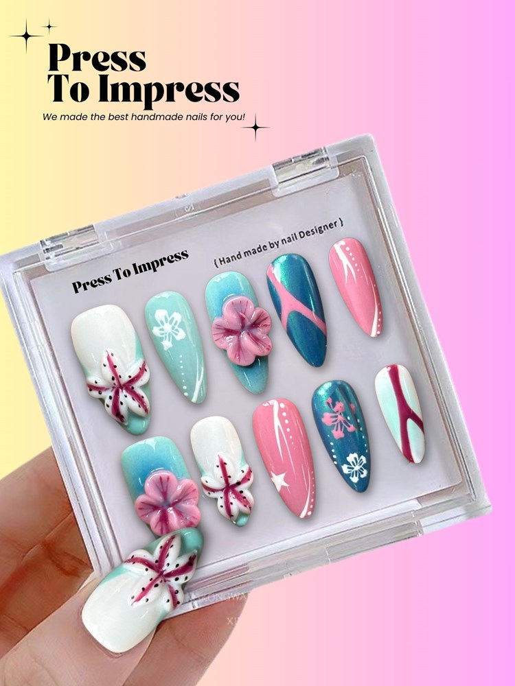 Blue & Pink Ocean 3D Almond Handmade  Press-On Nails