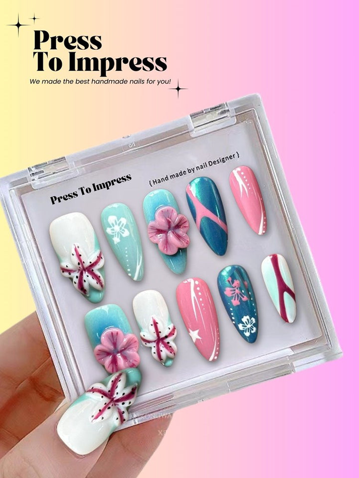 Blue & Pink Ocean 3D Almond Handmade  Press-On Nails