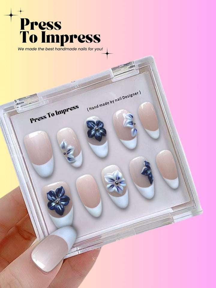 Blue & White Floral 3D Almond Handmade Press on Nails