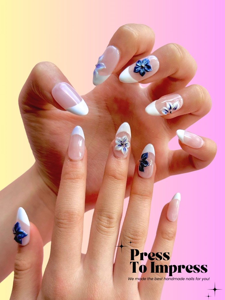 Blue & White Floral 3D Almond Handmade Press on Nails