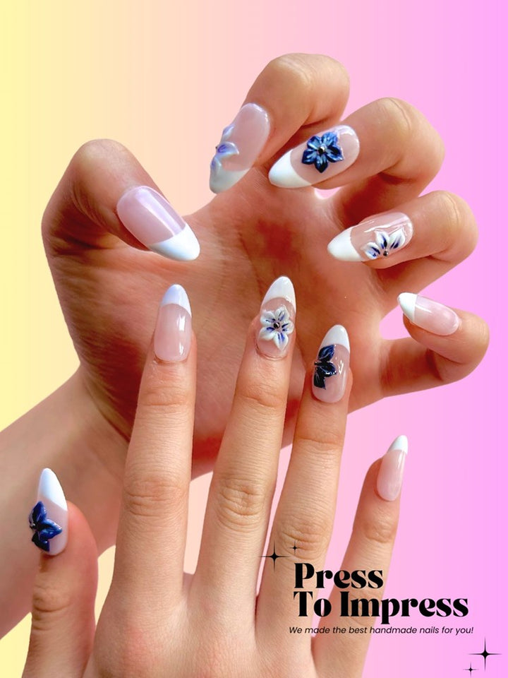 Blue & White Floral 3D Almond Handmade Press on Nails