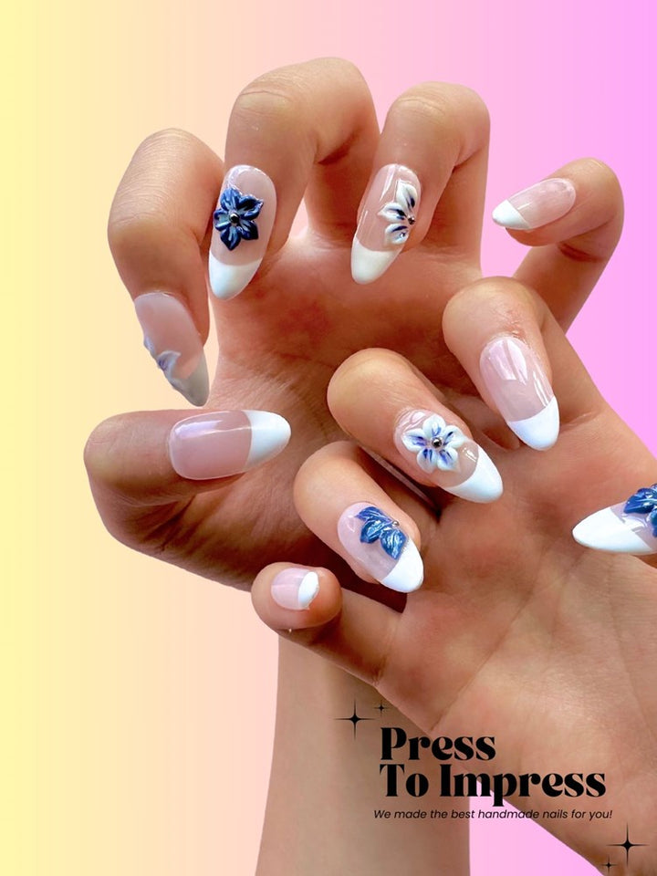 Blue & White Floral 3D Almond Handmade Press on Nails