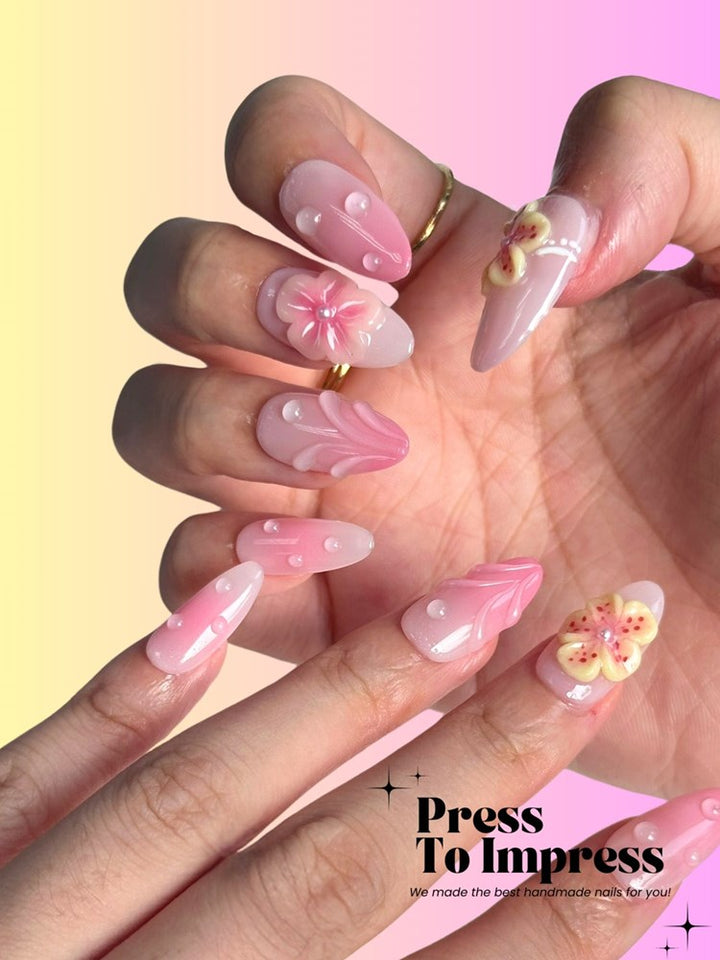Pink Blossom Garden 3D Almond Handmad  Press-On Nails