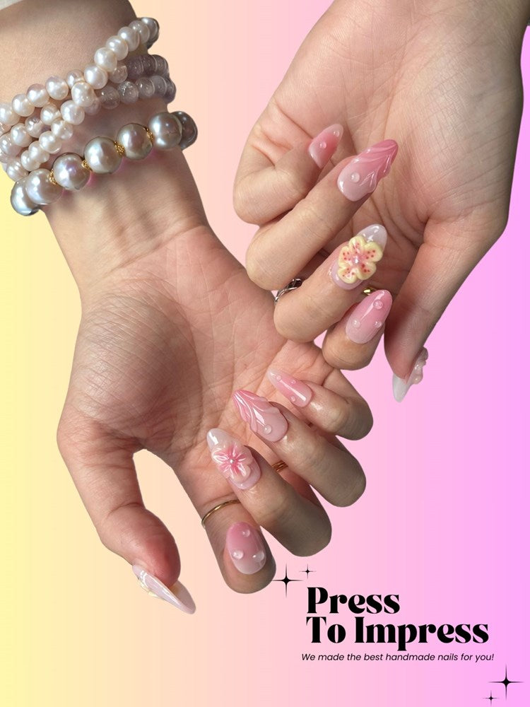 Pink Blossom Garden 3D Almond Handmad  Press-On Nails