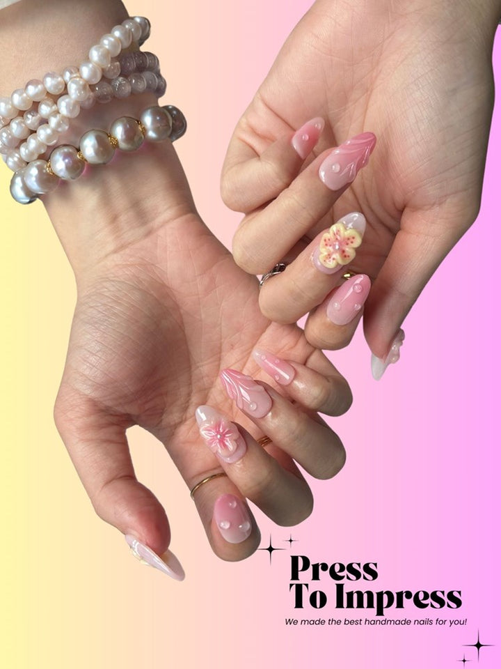 Pink Blossom Garden 3D Almond Handmad  Press-On Nails