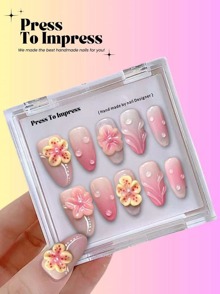 Pink Blossom Garden 3D Almond Handmad  Press-On Nails