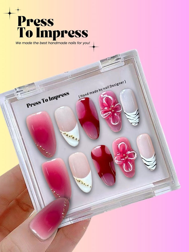 Burgundy Floral 3D Handmade Almond  Press-On Nails