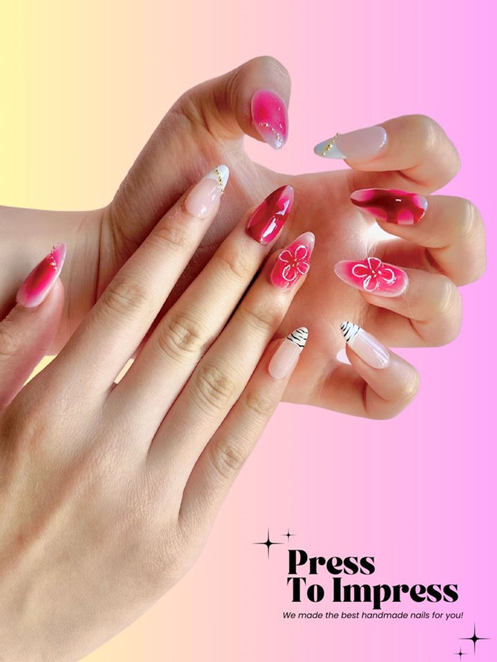Burgundy Floral 3D Handmade Almond  Press-On Nails