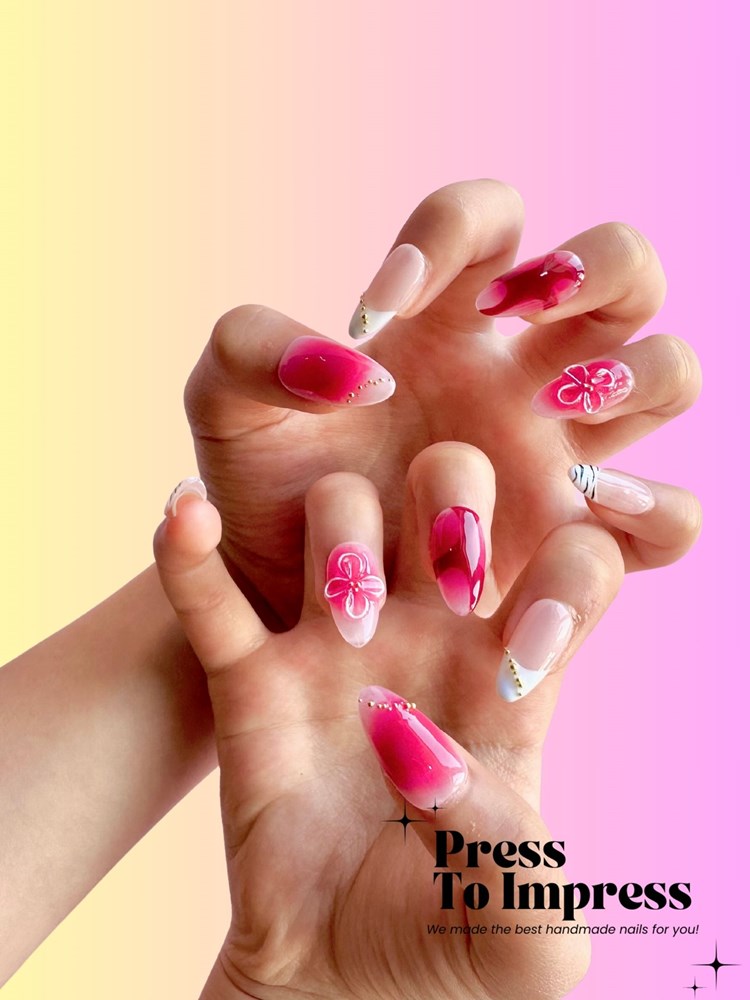 Burgundy Floral 3D Handmade Almond  Press-On Nails