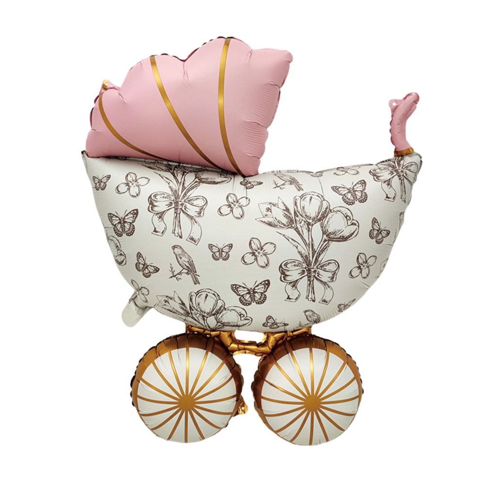 A baby carriage-shaped foil balloon set with a cream and brown floral/butterfly pattern, a pink canopy, and gold accents, isolated on a white background.