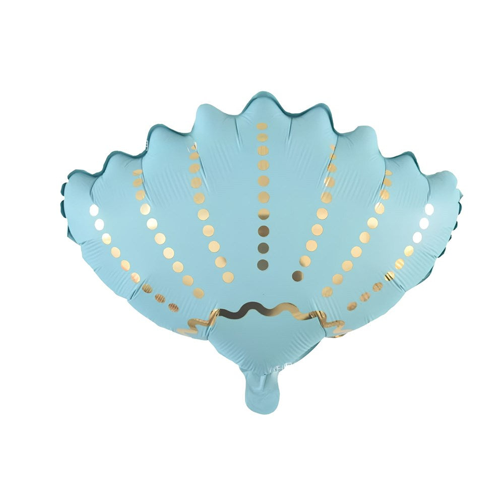 A light blue foil balloon shaped like a seashell, decorated with vertical lines of gold and white metallic dots and a wavy gold foil accent near the bottom, shown on a plain white background.