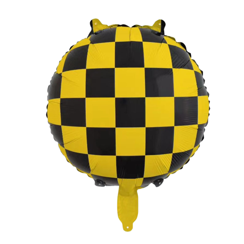 A round foil balloon with a bold yellow and black checkerboard pattern, featuring small horn-like details at the top and a yellow tail at the bottom, isolated on a white background.