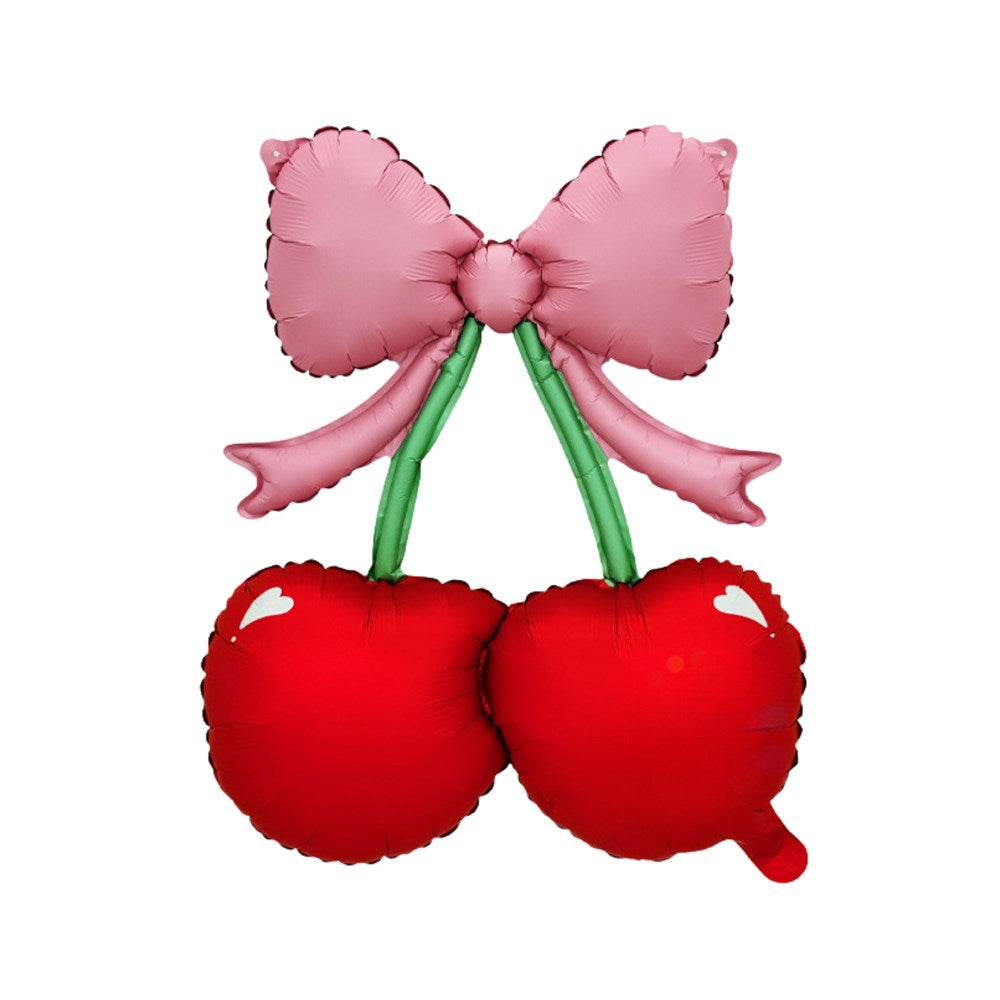 A pair of cherry-shaped foil balloons with pink bows and green stems, isolated on a white background.