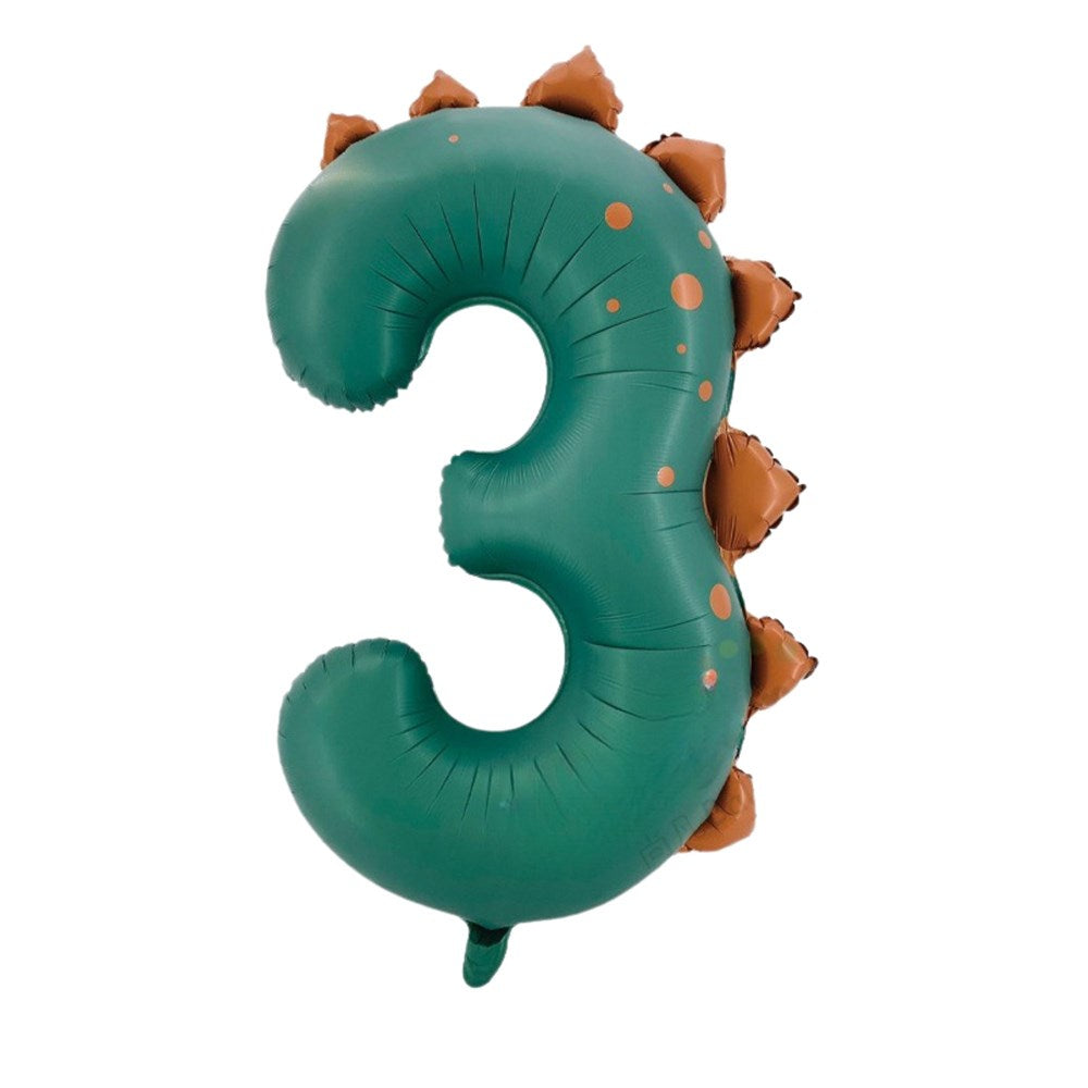An inflatable dinosaur-themed number 3 balloon in teal green with brown spikes and orange spots, isolated on a white background.