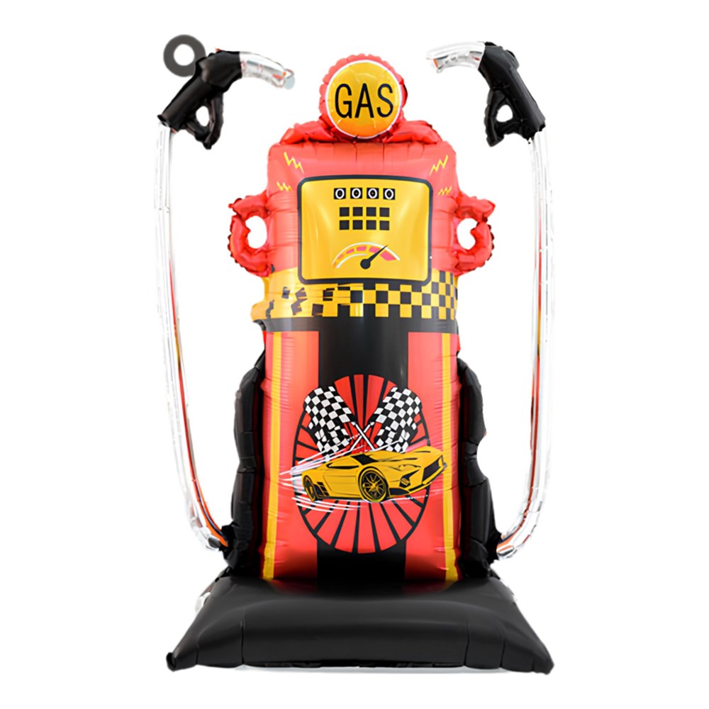 Inflatable toy gas pump with a red and black body, yellow accents, a small yellow race car graphic, and two clear air tubes with black nozzles on a white background.