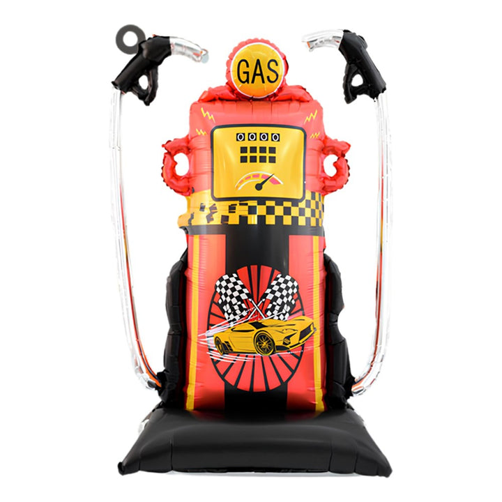 Inflatable toy gas pump with a red and black body, yellow accents, a small yellow race car graphic, and two clear air tubes with black nozzles on a white background.