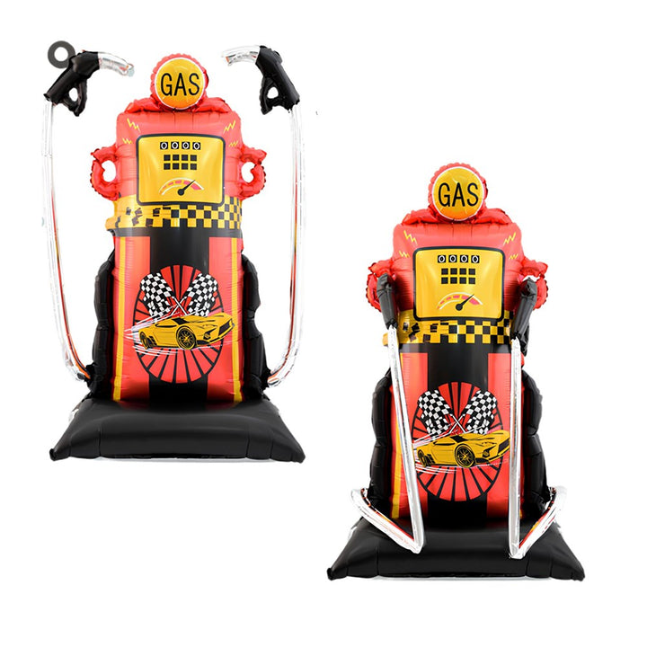 Two red and black inflatable gas pump party balloons with yellow 'GAS' signs, shown on a plain white background.