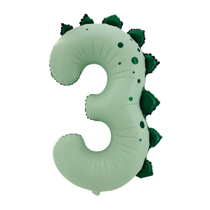 A novelty dinosaur-shaped foil balloon shaped like the number 3, in a pale mint green color with dark green spikes along the back, isolated on a white background.