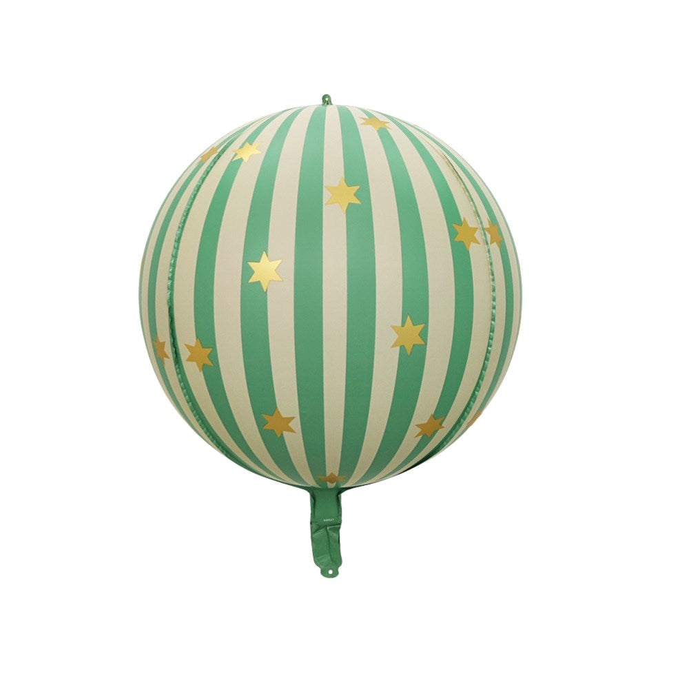 A round foil balloon with vertical mint green and cream stripes, decorated with scattered gold stars, shown against a plain white background.